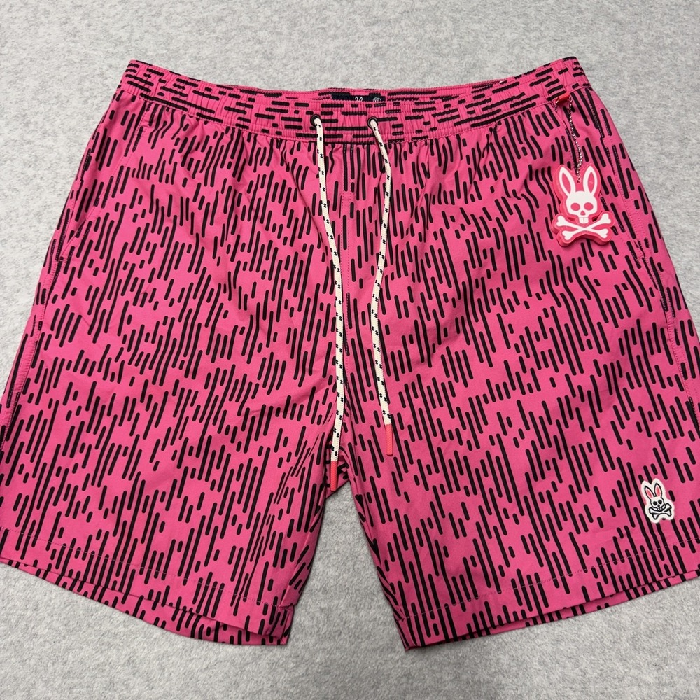 Psycho Bunny Swim Trunks Mens XL Pink Stripe Print Lined Drawstring Quick Dry